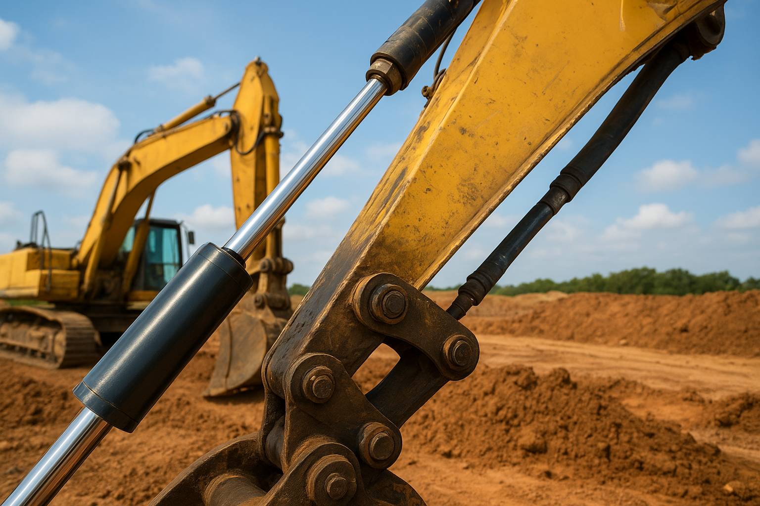 Närbild på en hydraulcylinder monterad på armen av en gul grävmaskin på en byggarbetsplats, med jordhögar och blå himmel i bakgrunden.