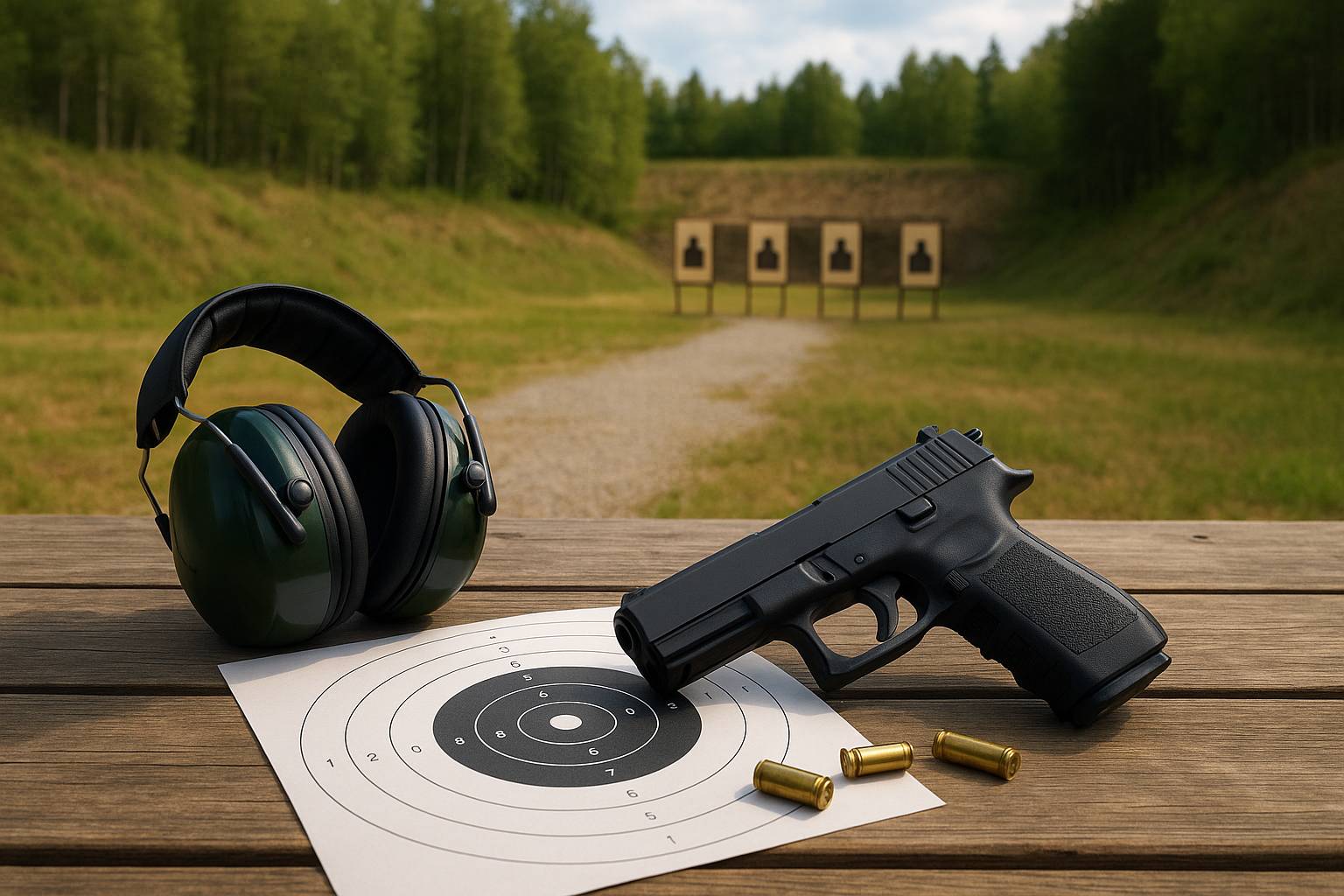 En pistol, hörselkåpor och en pappersmåltavla med tomhylsor ligger på ett träbord vid en utomhusskjutbana, med skjutmål uppställda i bakgrunden omgivna av grön skog