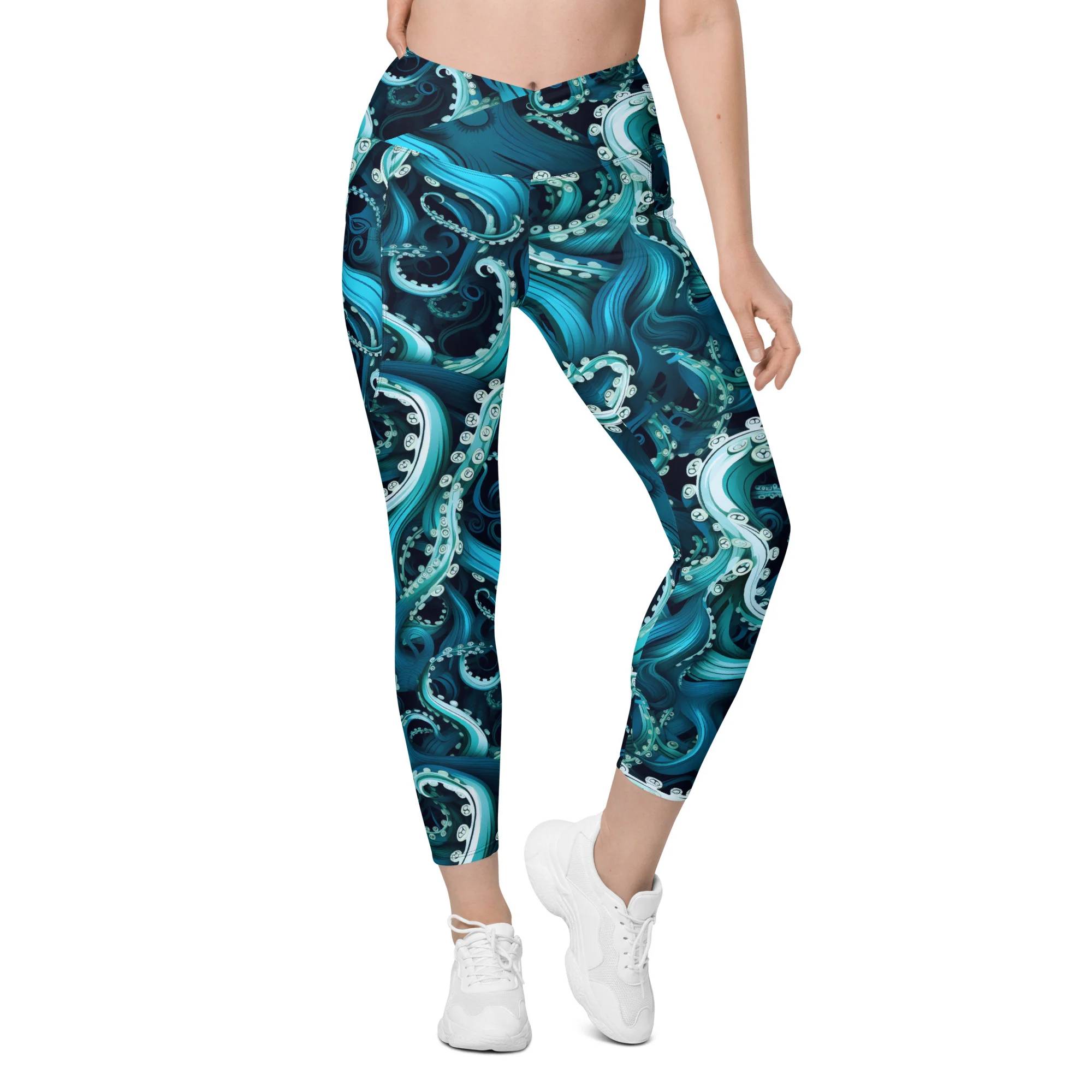 A woman wearing crossover leggings with an abstract pattern of octopus arms.